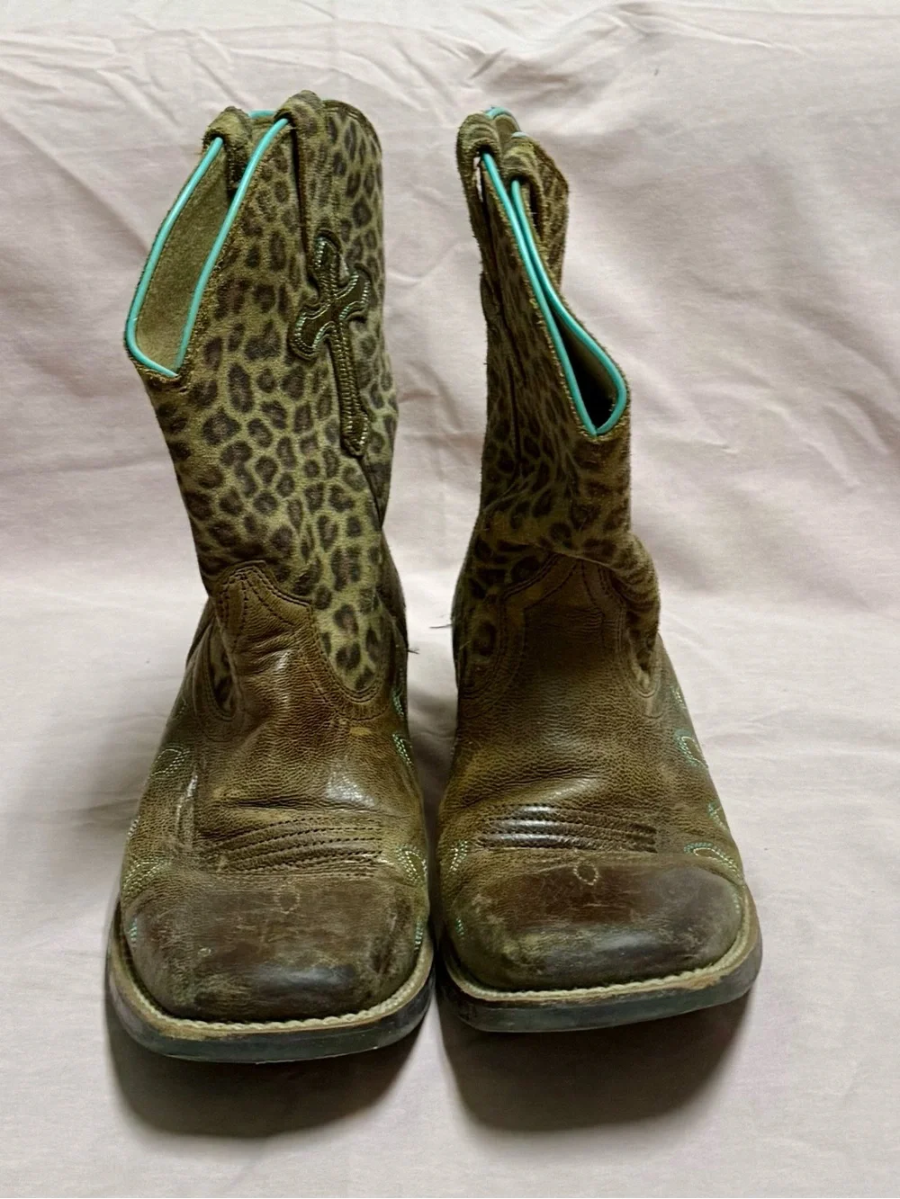 Ariat Brown Leopard-Print Western Boots with Turquoise Trim